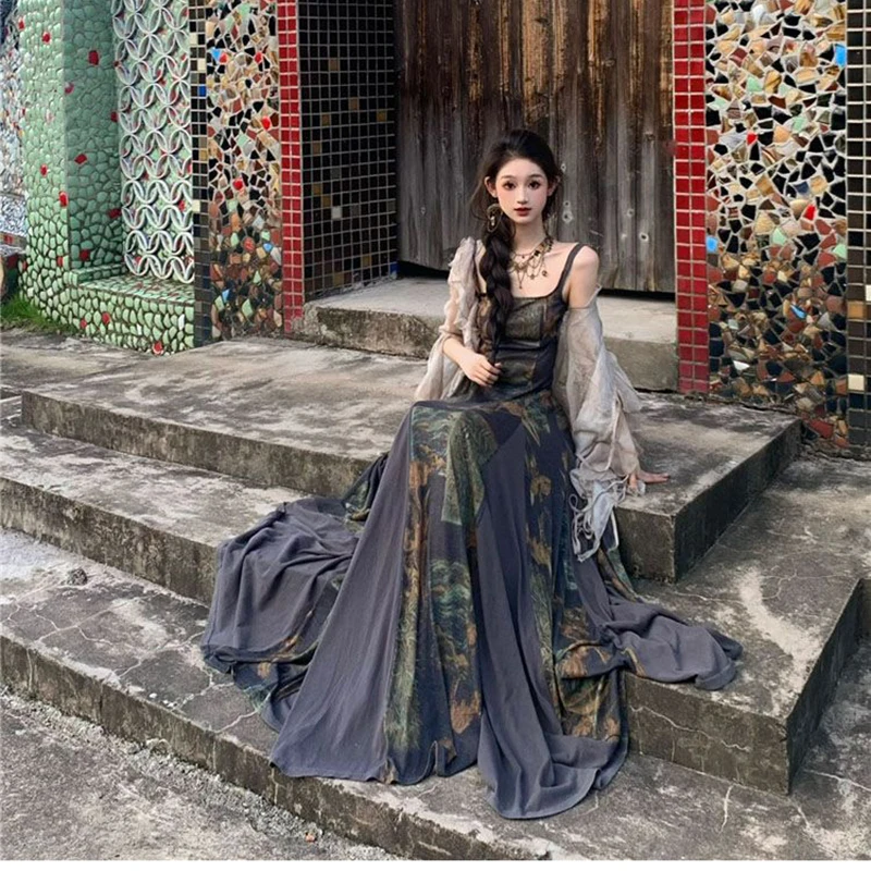 Abito Camis vintage americano da donna Abito estivo chic con stampa quadrata Abito estivo streetwear sottile con cinturino per spaghetti Vestidos De Mujer