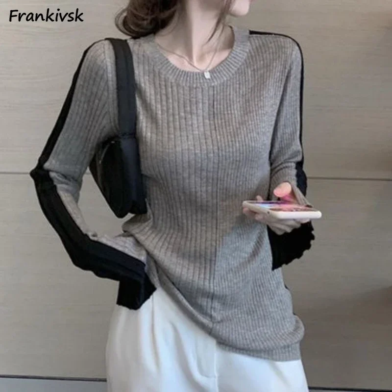 

Panelled Sweaters Women Slim Spring Autumn Retro O-neck Long Sleeve Spliced Tender Korean Style Daily Streetwear Stylish Casual