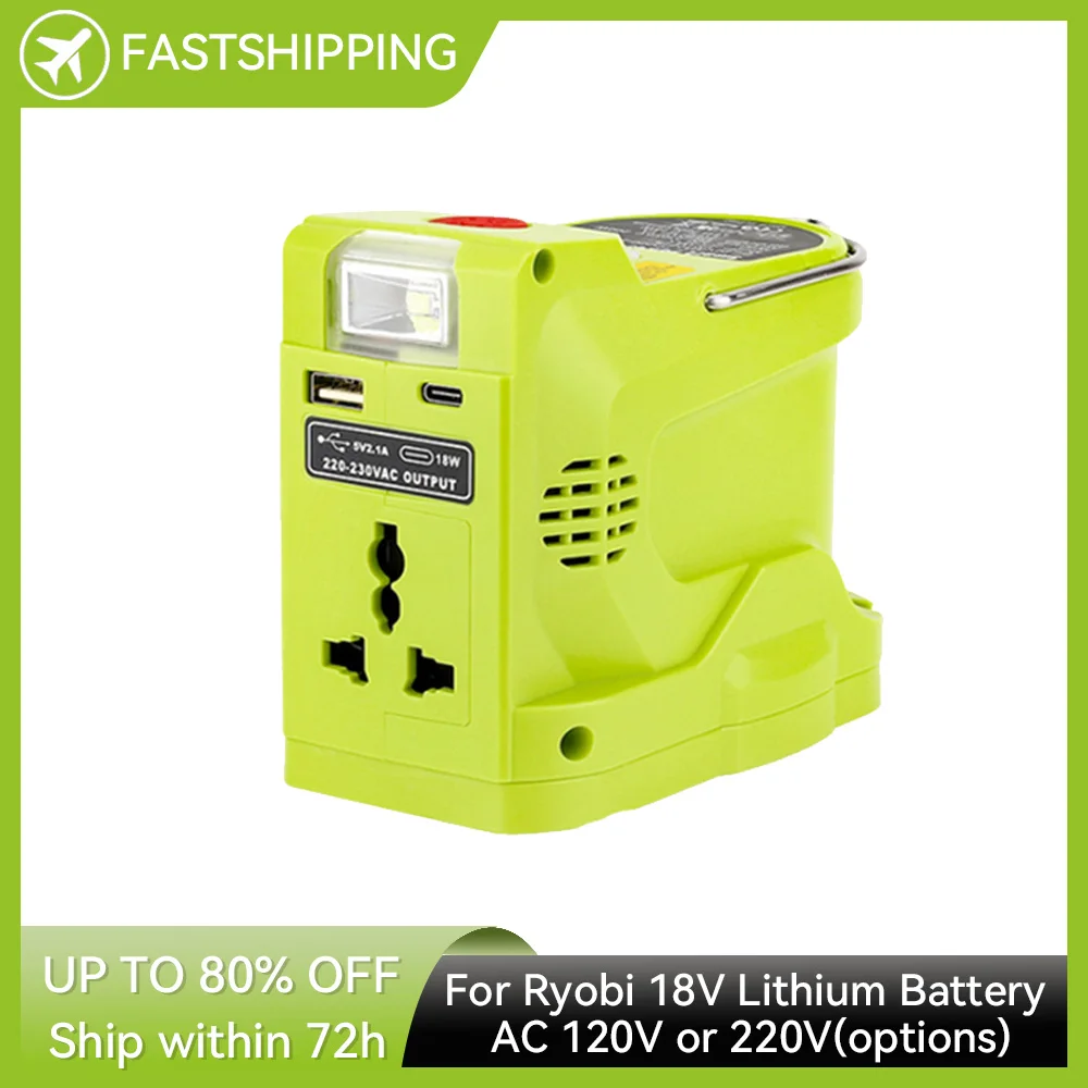 200W Power Inverter Generator for Ryobi 18V Lithium Battery,DC 18V To AC 120V 220V Portable Power Station with 280lm LED Light