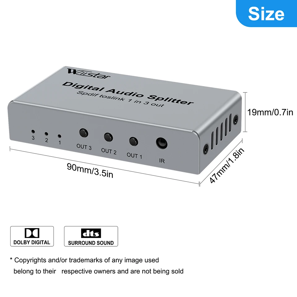 Wiistar 3 Way Spdif Toslink Optical Digital Audio Splitter 1x3 Optical Splitter 1 In 3 Out Support DTS AC3 with Power Cable