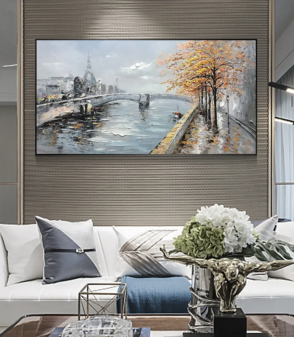 Large Oil Painting Handmade on Canvas Abstract Art Boho Wall Decor Lake Trees Landscape Bridge Nature Living Room Large Wall Art