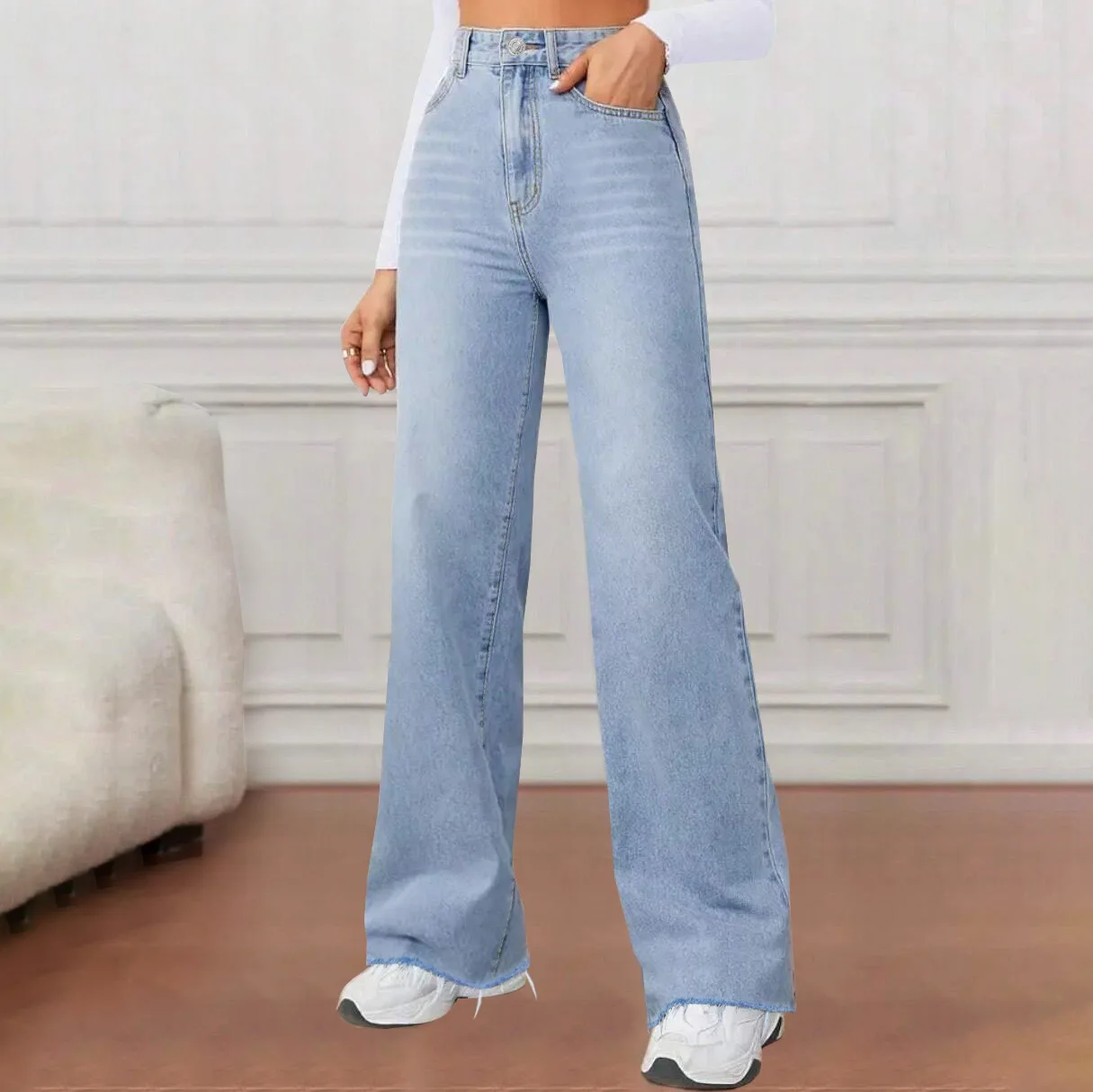 

Fashion Retro Blue Jeans Women Y2k High Street Baggy Straight Pants High Waisted All-in-one Slim Pants