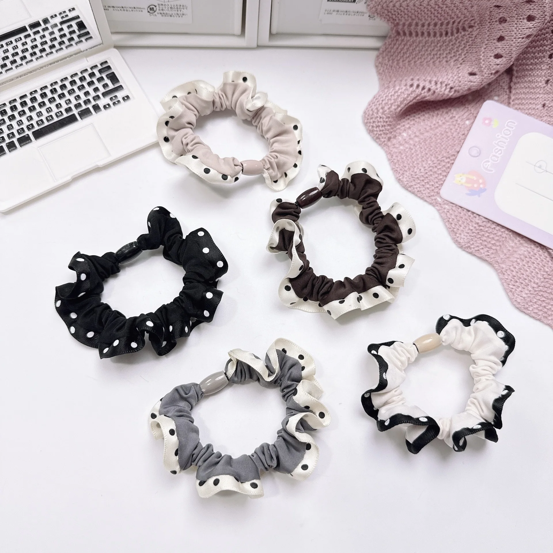 5pcs Simple Polka Dot Fringe Elastic Hair Ring Hair Tie Elegant Versatile Korean Version Hairband for Girls