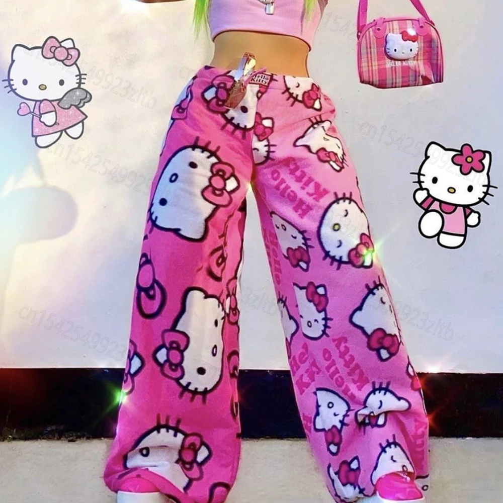 

Y2k Kawaii Hello Kitty Flannel Pajamas Anime Sanrio Women's Warm Woolen Cartoon Casual Home Pants Autumn Winter Fashion Trousers