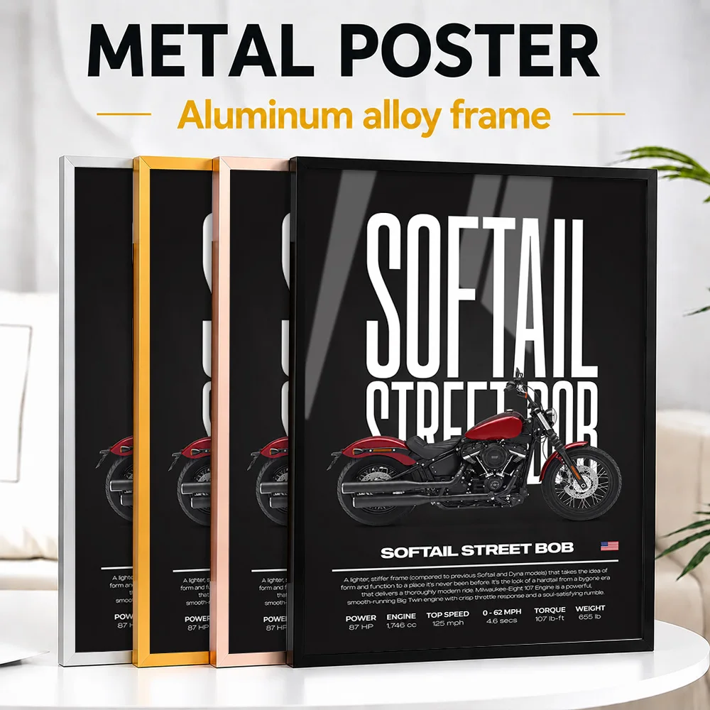 United States Softail Street Bob Motorcycle Framed Metal Print Personalized Photo High Speed Style Wall Art For Collector Room