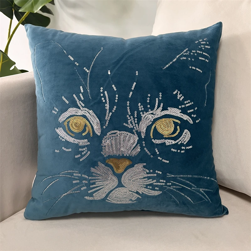 Sequin Embroidery Velvet Pillowcase Home Decorative Cat Design Cushion Cover