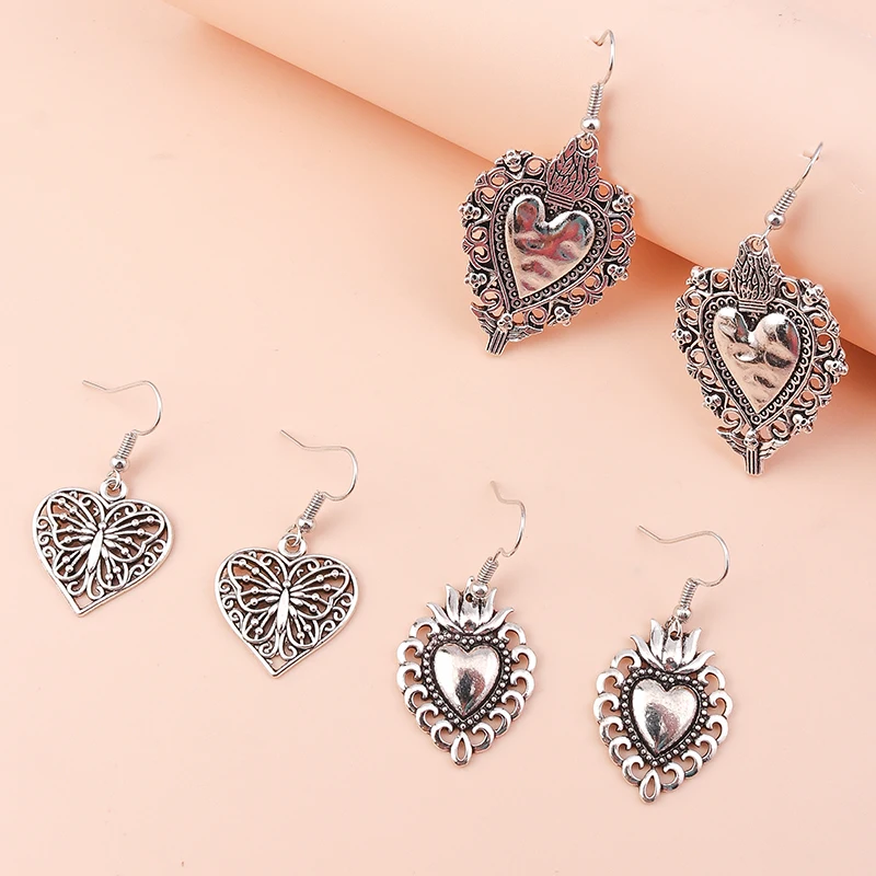 3 Paar/Set ethnische Metall-Ohrringe mit Liebesherz-Anhänger für Frauen und Mädchen, Party, Festival, Schmuck, Geschenke – Detail 4