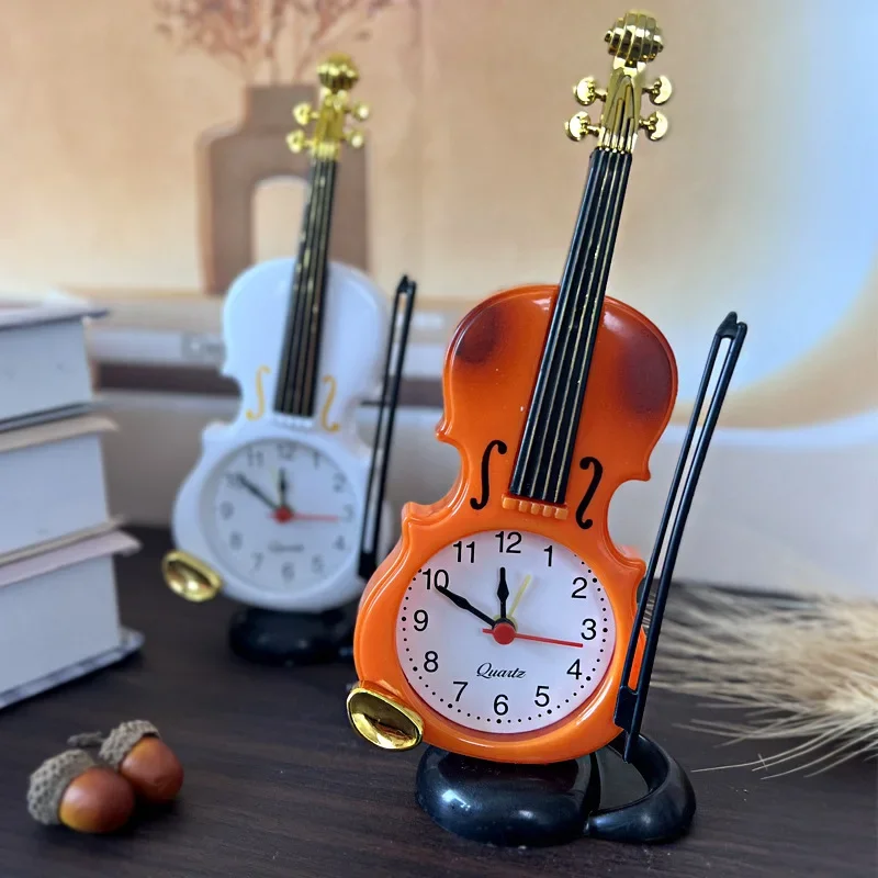 Desk Alarm Clock Vintage Desk Clock Guitar Shape Stable Base Battery Powered ABS Alarm Clock with Pencil Holder for Bedroom