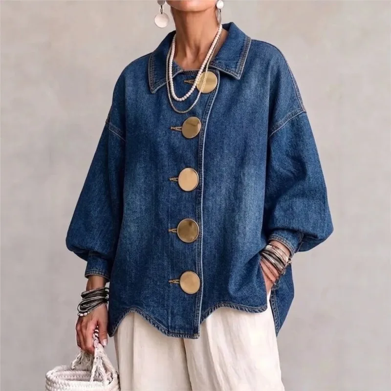 Women Oversized Denim Jacket Lapel Collar Big Gold Buttons Lantern Puff Long Sleeve Loose Irregular Hem Casual Jean Coat