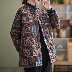 Abrigo de algodón con estampado Vintage para mujer, chaqueta acolchada, Parkas cálidas, bolsillos de diseño con botones, ropa de otoño e invierno