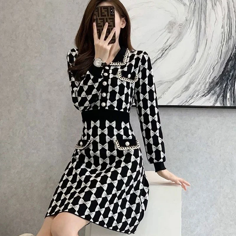 2022 New Medium and Long Style High-class Temperament Lady Wool Dress Small Fragrance Light Luxury Knitting Dress Lady Autumn