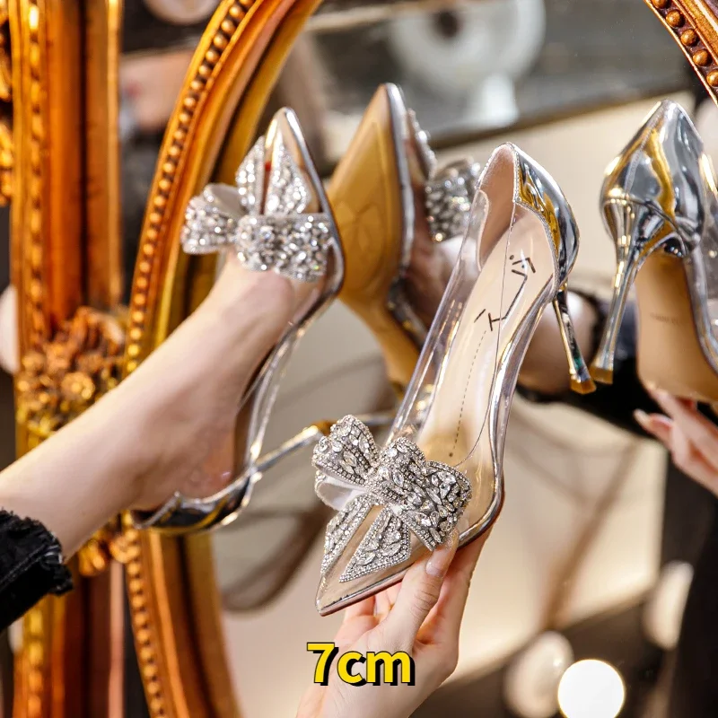 Summer Pointed Crystal Fairy Ladies Wind Sandals Rhinestone Butterfly-knot Transparent High Heel Women Sandals Fashion Shoes