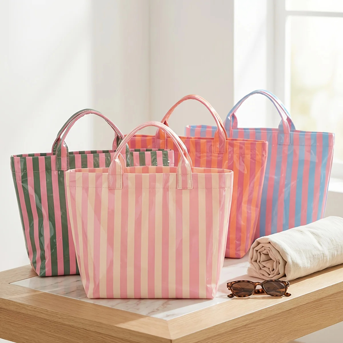 

Striped handbag tote, large capacity storage bag, daily commuting and shopping storage bag, suitable for short trips