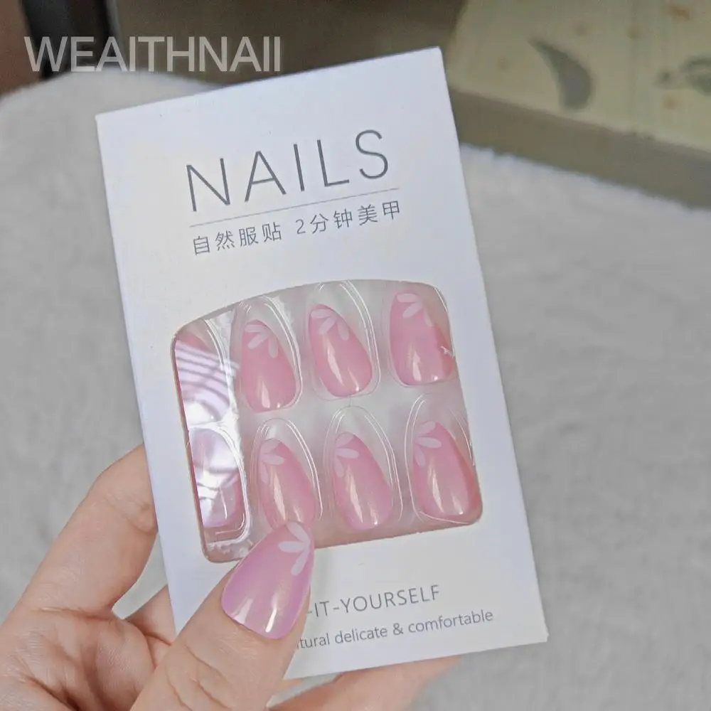 24 mittelgroße, mandelförmige, schlichte, feste künstliche Nägel im französischen Stil, einschließlich 1-Kleber- und 1-Gelee-Kleber-Set
