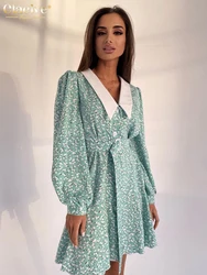 Clacive Fashion Slim Print Women'S Dresses 2023 Elegant Lapel Long Sleeve Office Lady Mini Dress Casual High Waist Female Dress