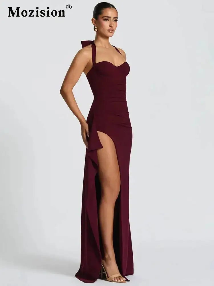 Mozision الرسن عارية الذراعين فستان ماكسي مثير المرأة أزياء من الدانتل متابعة أكمام عالية الخصر الفخذ عالية سبليت Bodycon مساء نادي اللباس