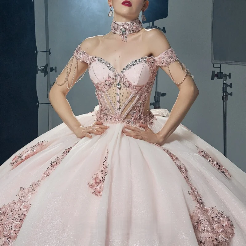 

Shiny light pink Quinceanera Dress glitter Decal crystal Long tail Lace layering Bow Vestidos De 15 Quinceanera ﻿Customize