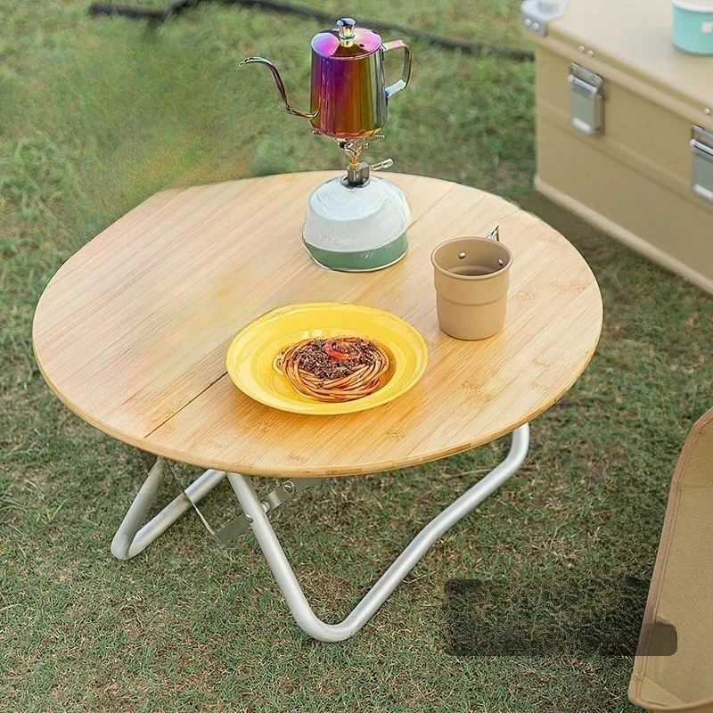 Outdoor camping bamboo round wood table portable folding storage table furniture