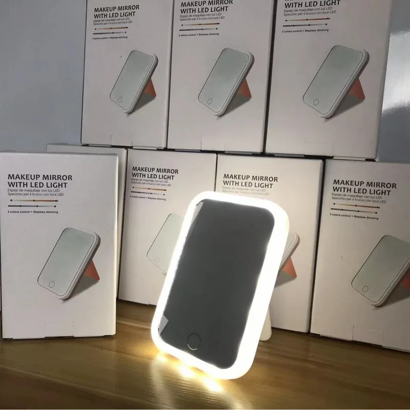 Portable Folding Led Makeup Mirror High Definition Tri-Color Light Desk Top Design Ideal For Dormitory Use And On-The-Go