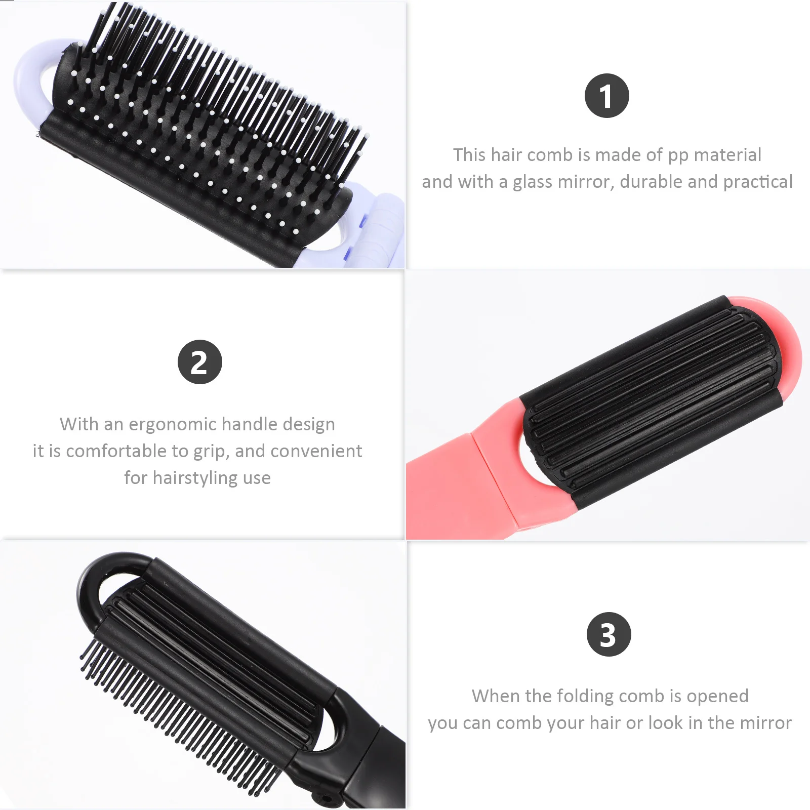 

6Pcs Folding Hair Brush Compact Comb Portable Mini Mirror Scalp Massage Stress Relief PP Glass Material Hair Brush with Mirror