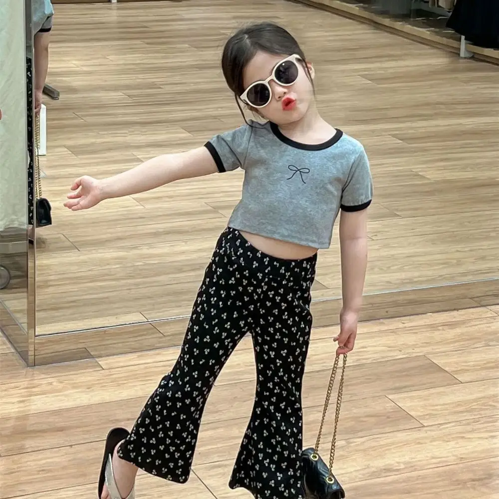 

Outfits Wide Leg Pants Children Sports Set Y2K Letter T-shirt Pants Wear Suit Bow Teenagers Girls Clothes Set Summer