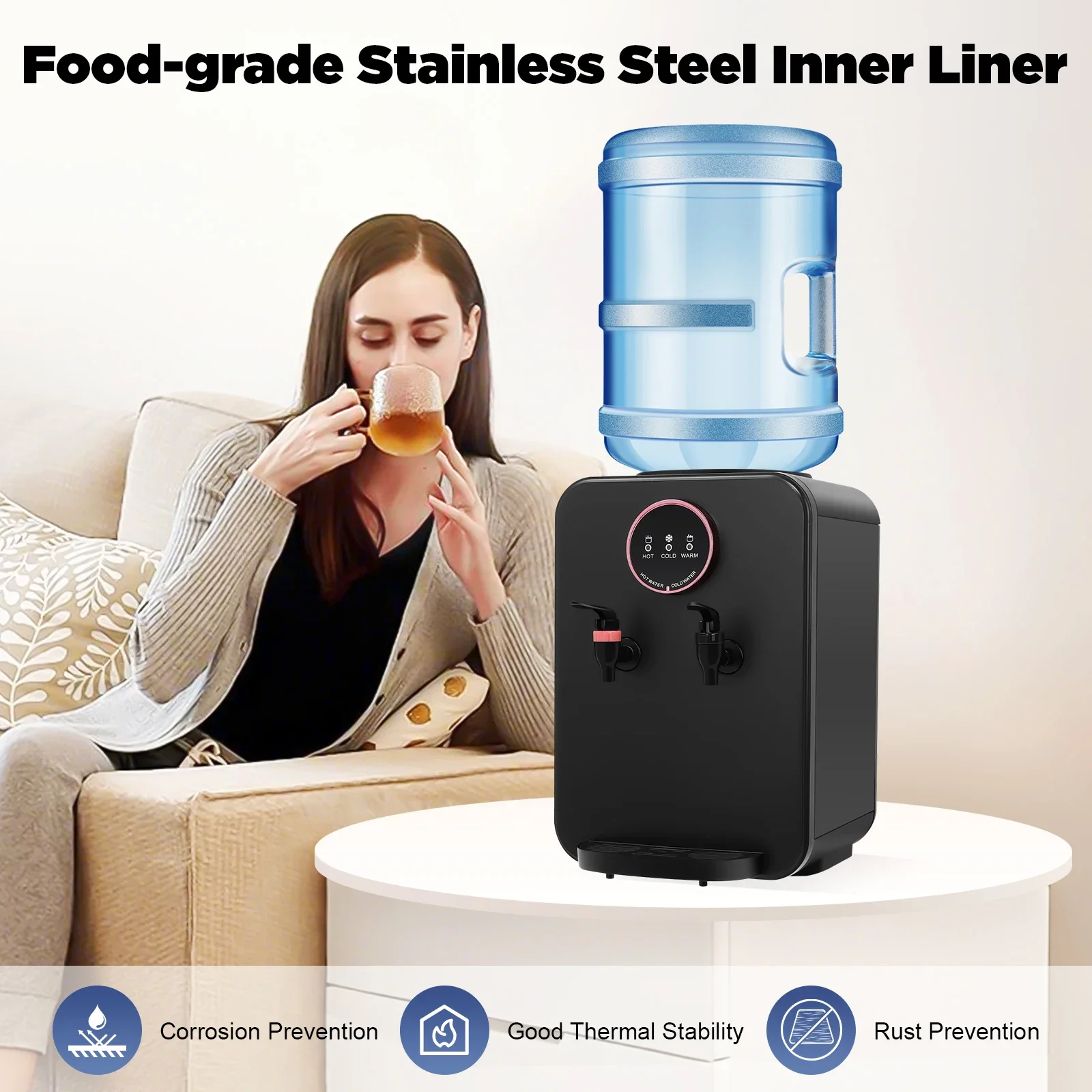 110V Mini Top Loading Countertop Water Dispenser with Hot Cold and Room Temperature Water for 1 to 5 Gallons Bottle Black/White