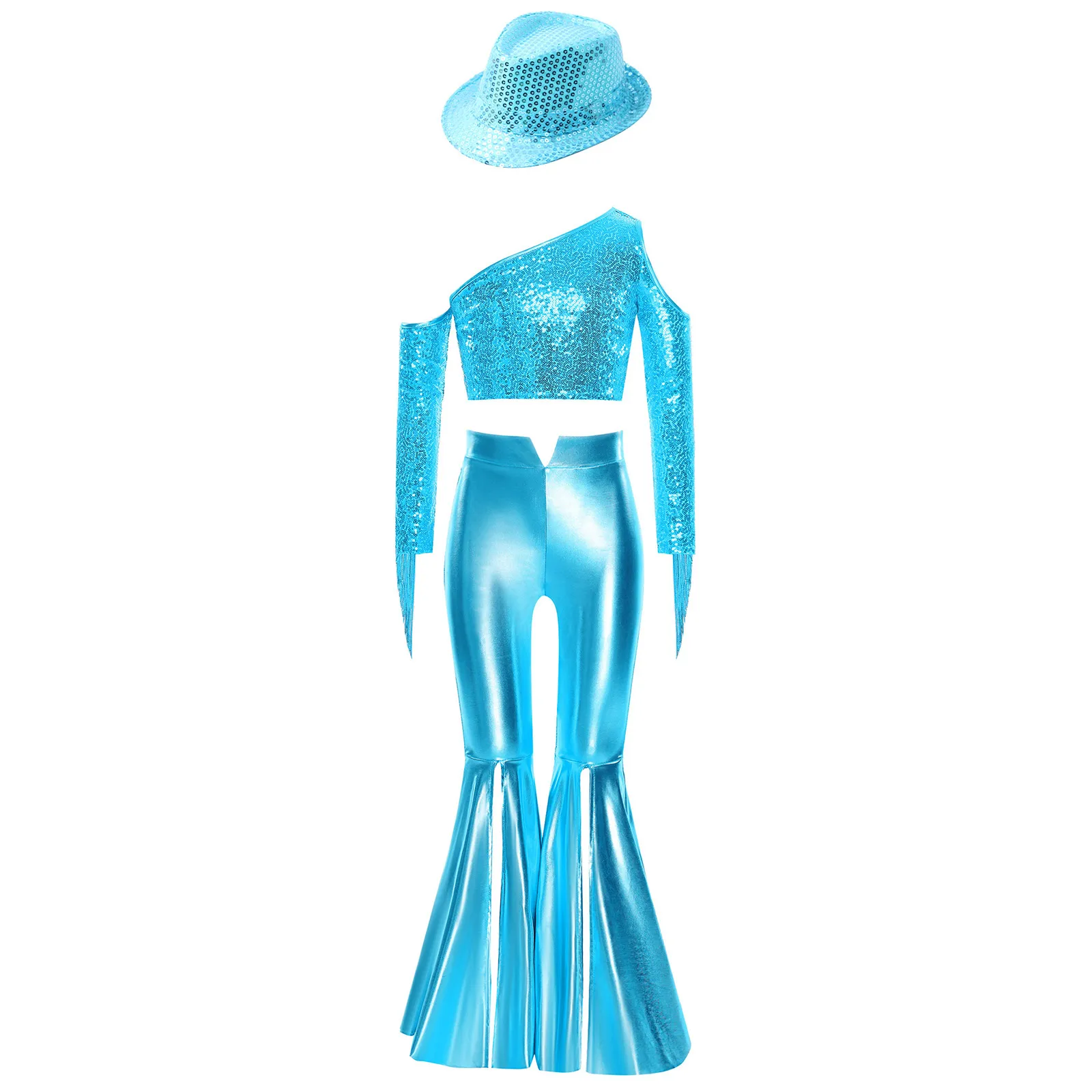 

Kids Girls 70s Disco Dance Outfits One Shoulder Sequined Crop Top+Bell-Bottom Pants+Fedora Hat Cowgirl Hip Hop Jazz Dancewear