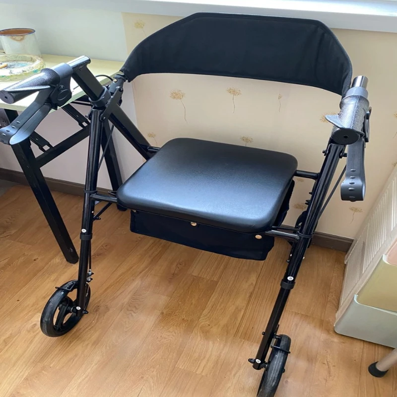 

Folding Storage Walker Basket, Aluminum Frame Mobility Aid, Adjustable Height 20cm, Senior Walking Assistant with Seat