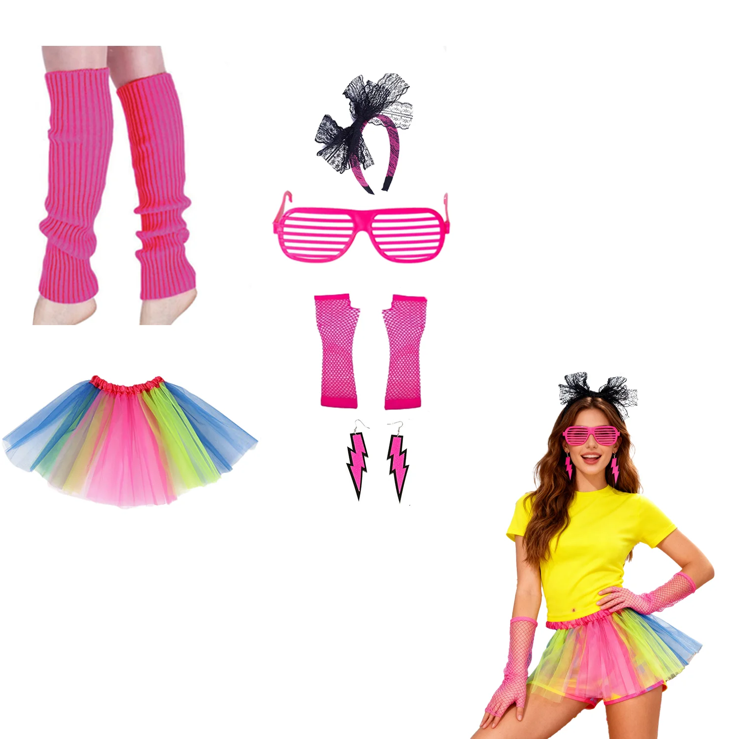 

PESENAR 80s Fancy Dress Costumes Accessories, Women Rainbow Tulle Tutu Skirts,Fishnet Gloves Lace Headbands Neon Sunglasses