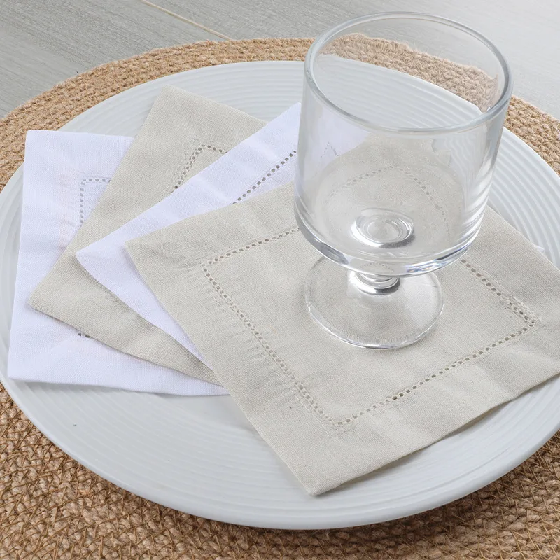 Linen-cotton White Coaster with Perforated Cutwork, Drawn-thread Embroidery, Cocktail Napkin,and Embroidered Floral Design