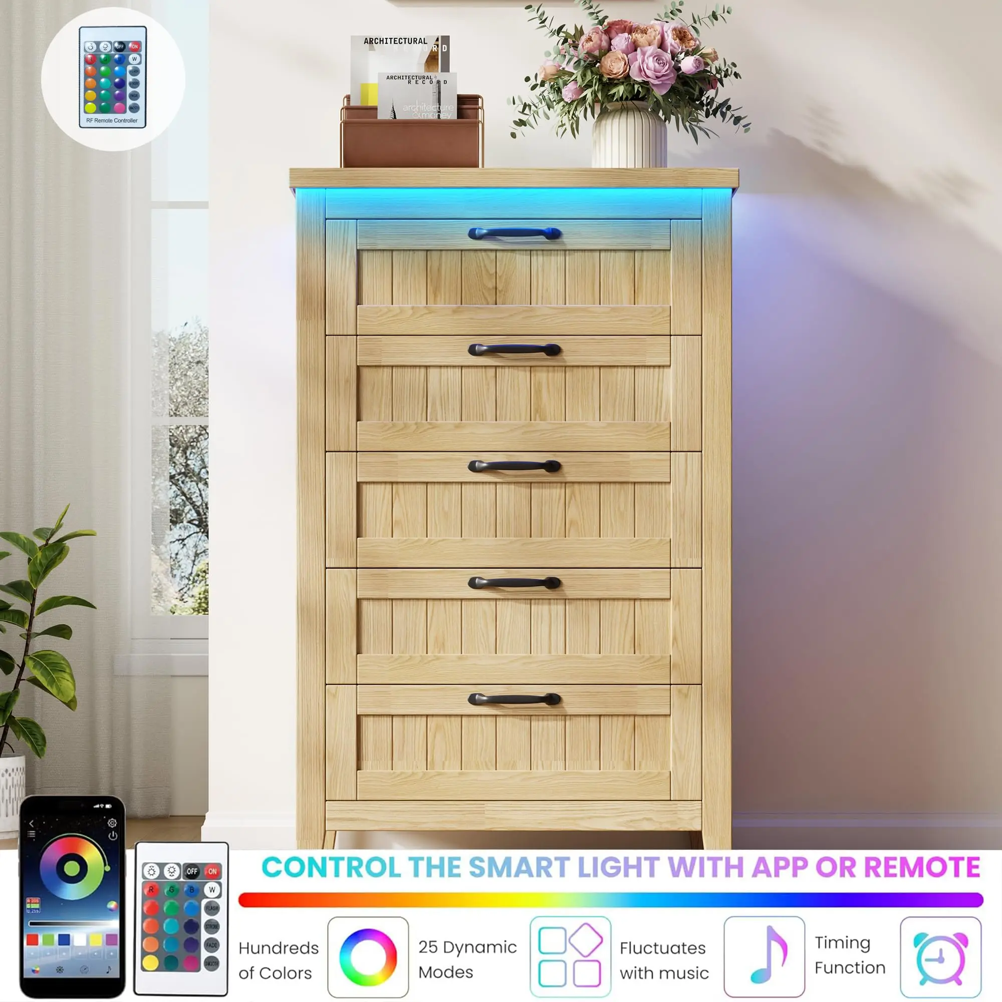 GarveeLife Farmhouse 5 Drawer Dresser with LED Lights & Built-in Charging Station - Wooden Chest of Drawers - Large Storage Organizer for Bedroom, Closet, Nursery, Entryway, Living Room