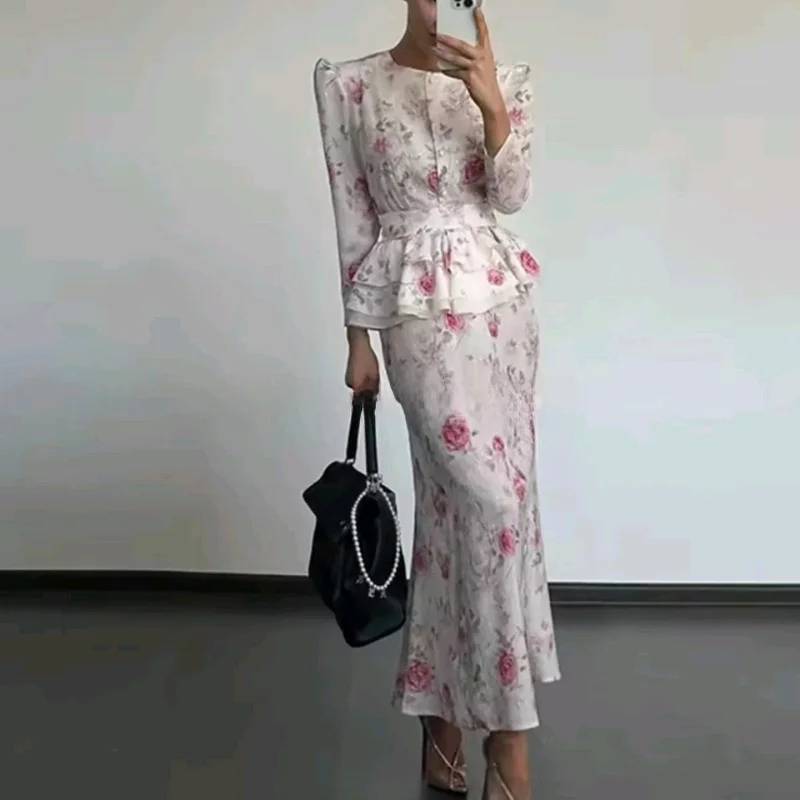 Herbst Neue frauen Faion Gedruckt f Rock Set Lange Sve Schlank Layered Taille-Cinching Top Und Rock Zwei-stück Ensemble