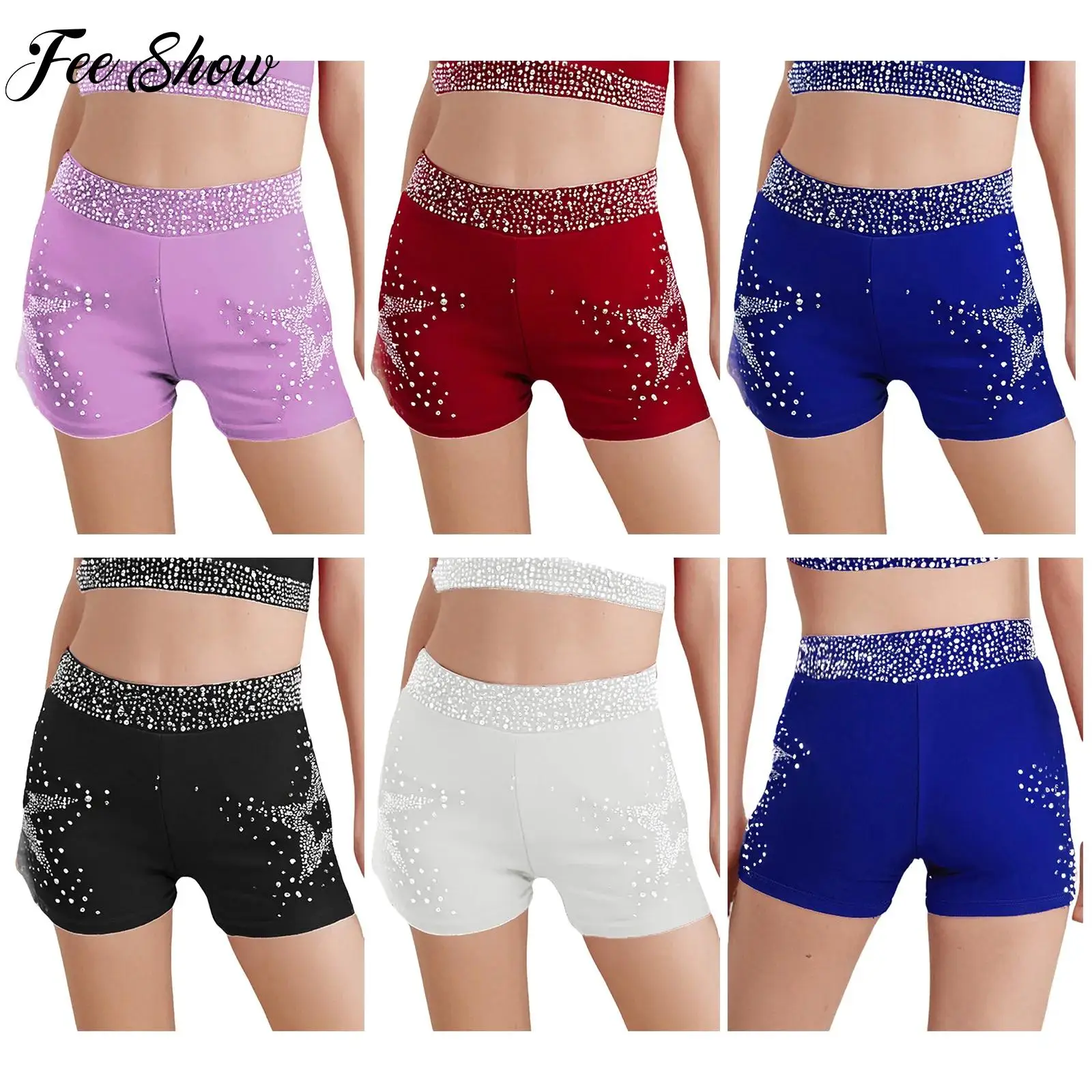 

Kids Girls Sparkling Stars Rhinestone Rhythmic Dance Gymnastics Costume Elastic Waistband Shorts Ballet Figure Skating Costumes