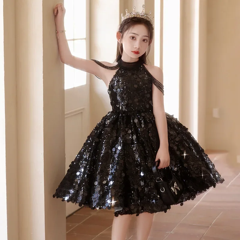 Black girl dress light luxury niche high-end host princess dress summer children\'s runway piano performance