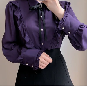 2025 Người phụ nữ xinh đẹp những cô gái ngọt ngào Băng trong suốt trong suốt Retro Laço Livíntioge Top Girouses Tím Xanh màu trắng 10 Người phụ nữ áo sơ mi màu tím chính - 5