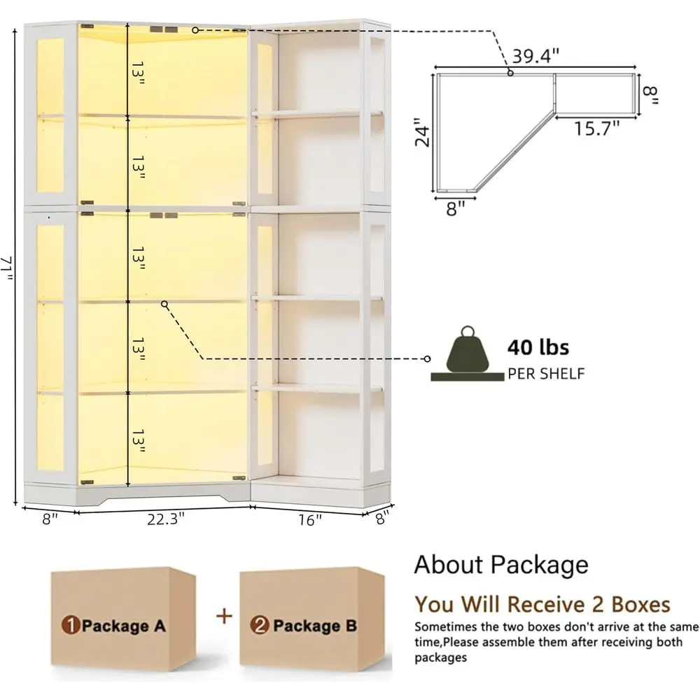 Display Curio Cabinet with Glass Do, Glass Display Case with LED Lights or Collectibles,Display Storage Shelves or Living Room,W