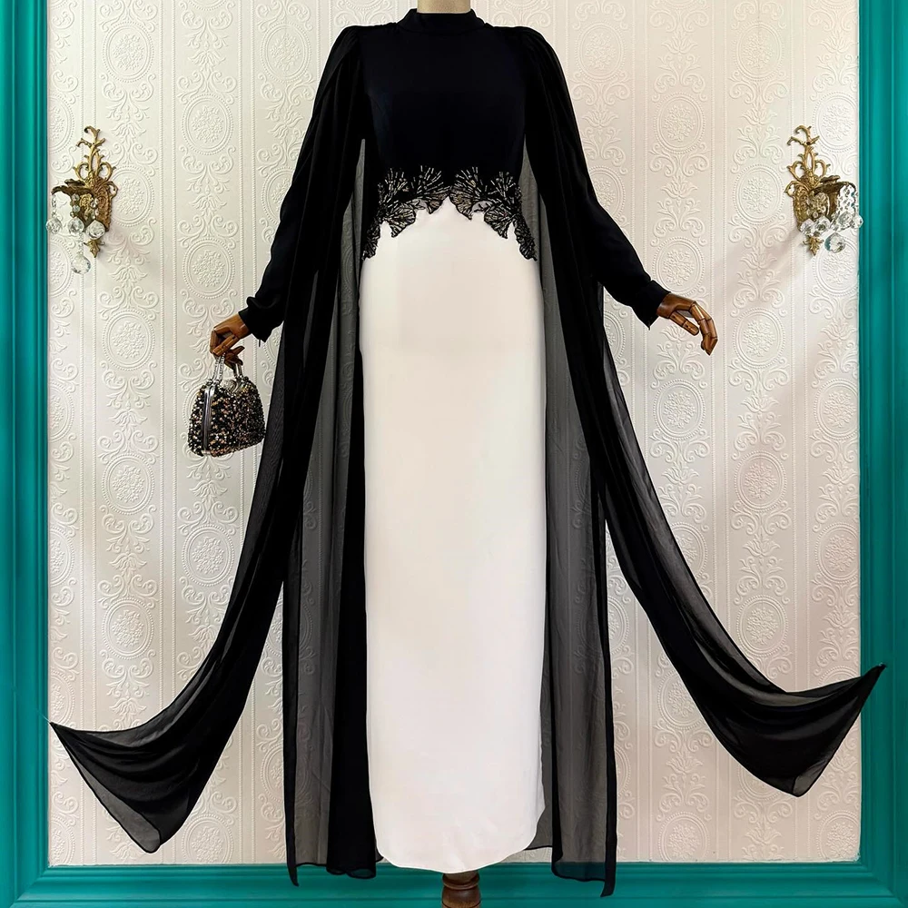 

Customized Straight Evening Dresses Floor-length High-neck Full Sleeve Prom Gown Fashion Sequined Simple Stole Draped Party Gown