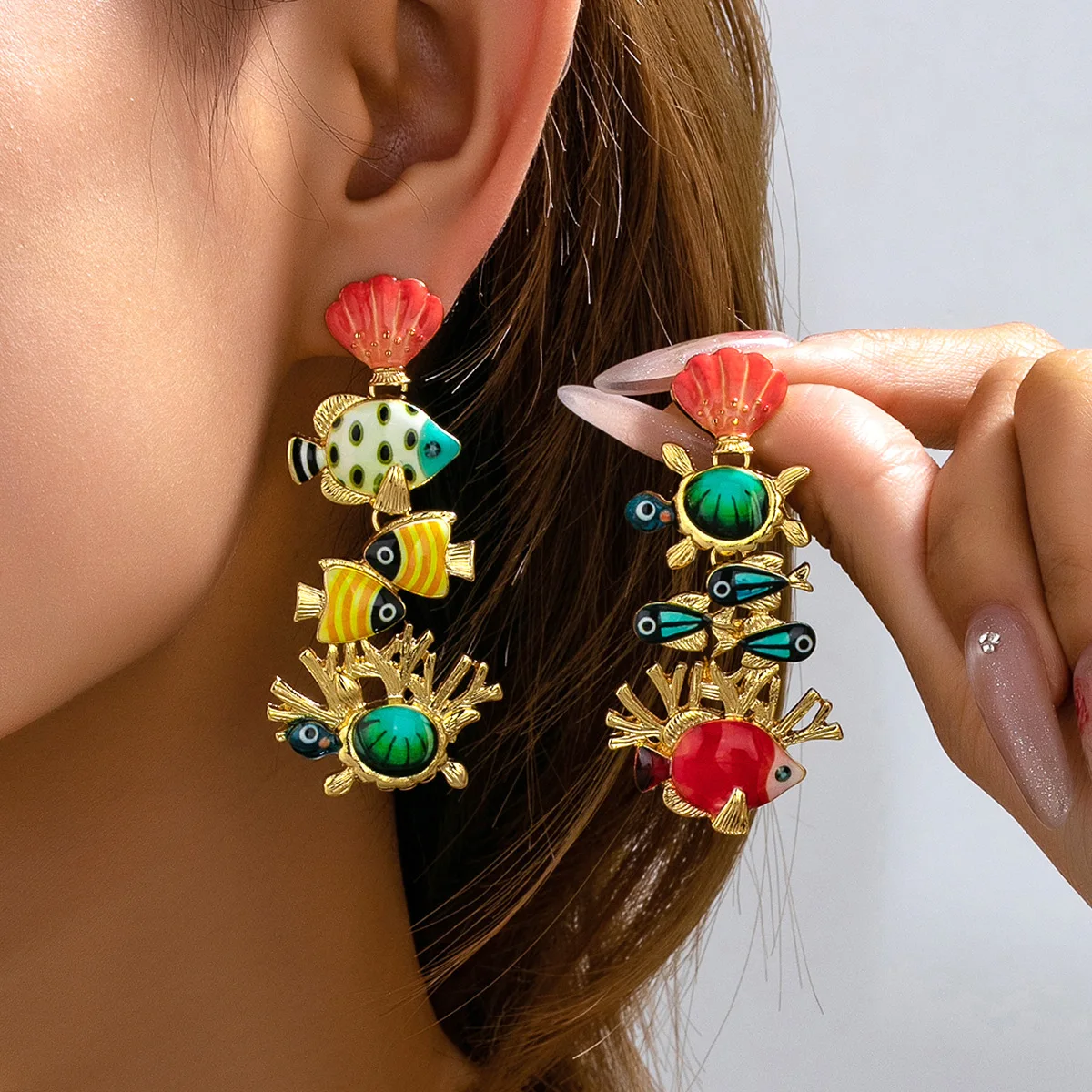 Cute Ocean Style Hand Painted Enamel Coral Fish Holiday Beach Style Heavy Work Big Earrings for Women Long Niche Design Earrings