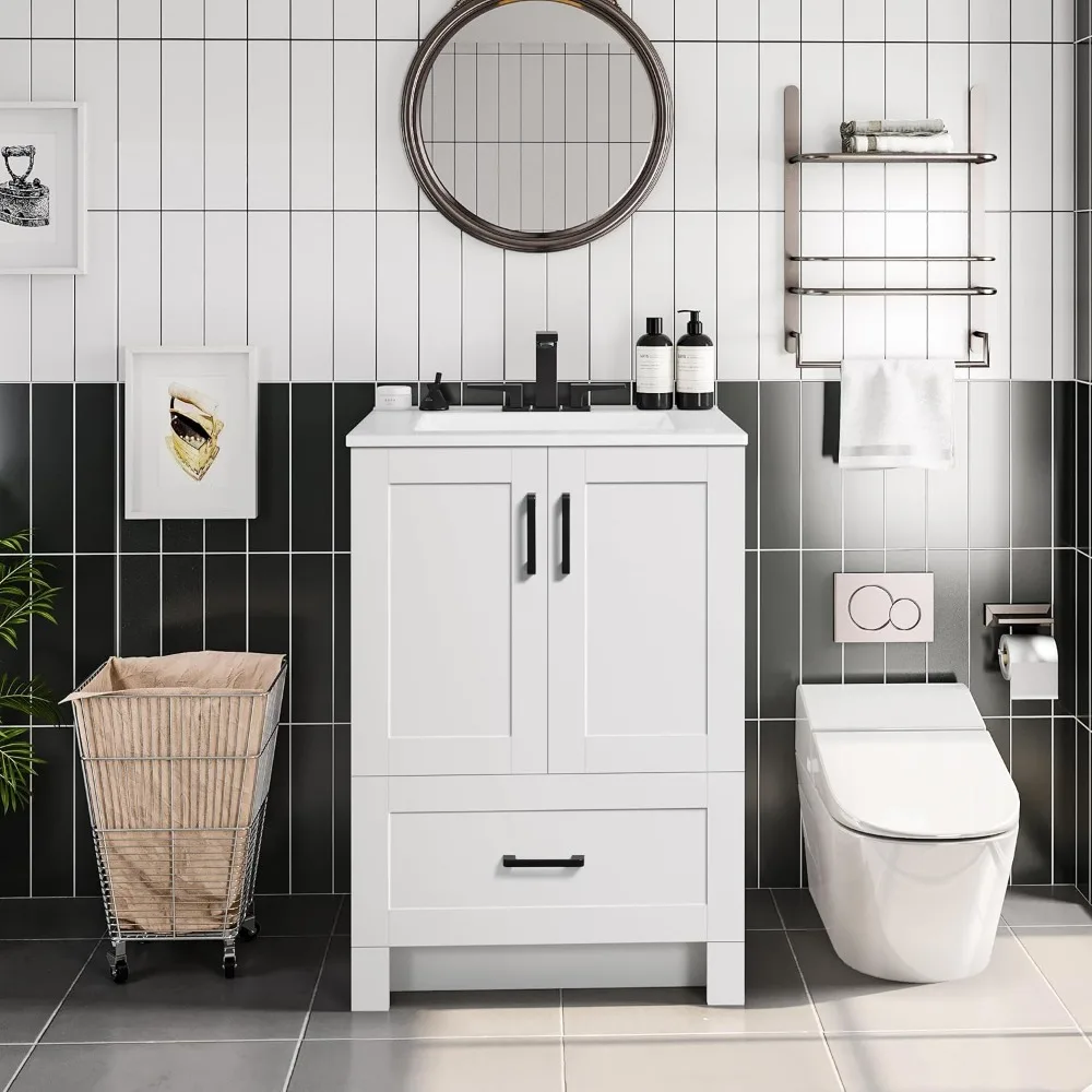 Bathroom Vanity with Ceramic Sink, Bathroom Vanity Sink Cabinet with 2 Doors and 1 Drawer, Bathroom Vanities Floor Standing