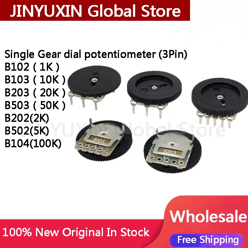 10szt Potencjometr z pojedynczą przekładnią 3Pin B102 1K B103 10K B203 20K B503 50K B202 2K B502 5K B104 100K