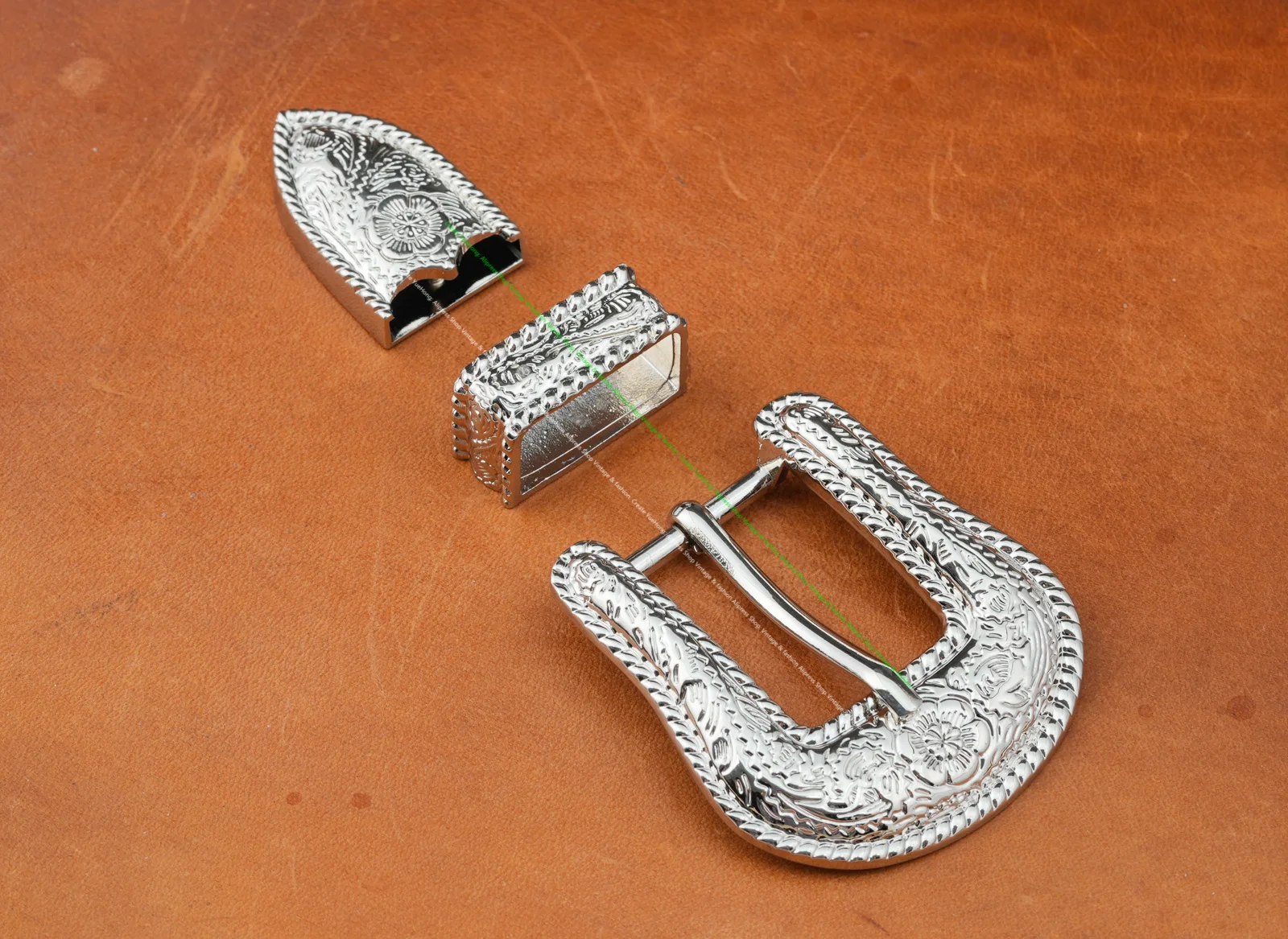 Inner 25MM Silver Western Cowboy Flower Engraved Leathercraft Belt Buckle Set 3-Piece Set for 1