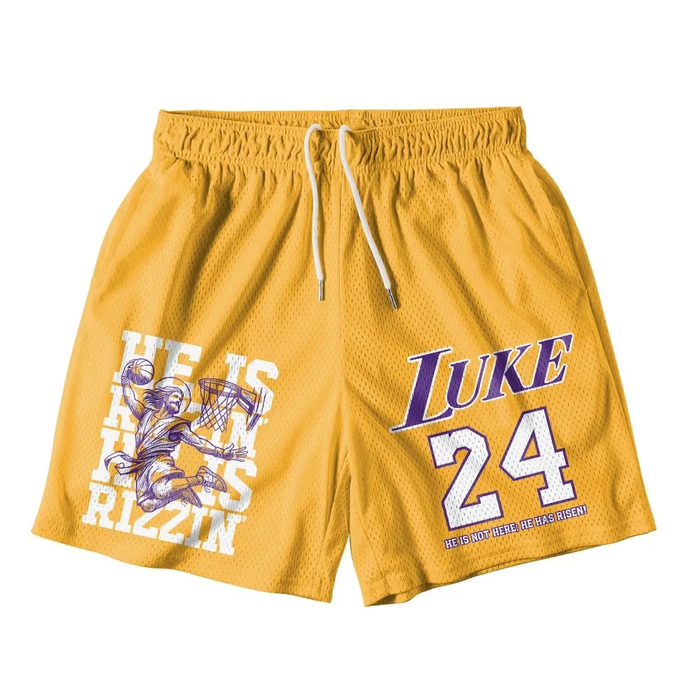 Luke 24 He Is Rizzin Yellow Christian Mesh Shorts Men's Casual Shorts Summer Street Basketball Athletic Quick-drying Shorts