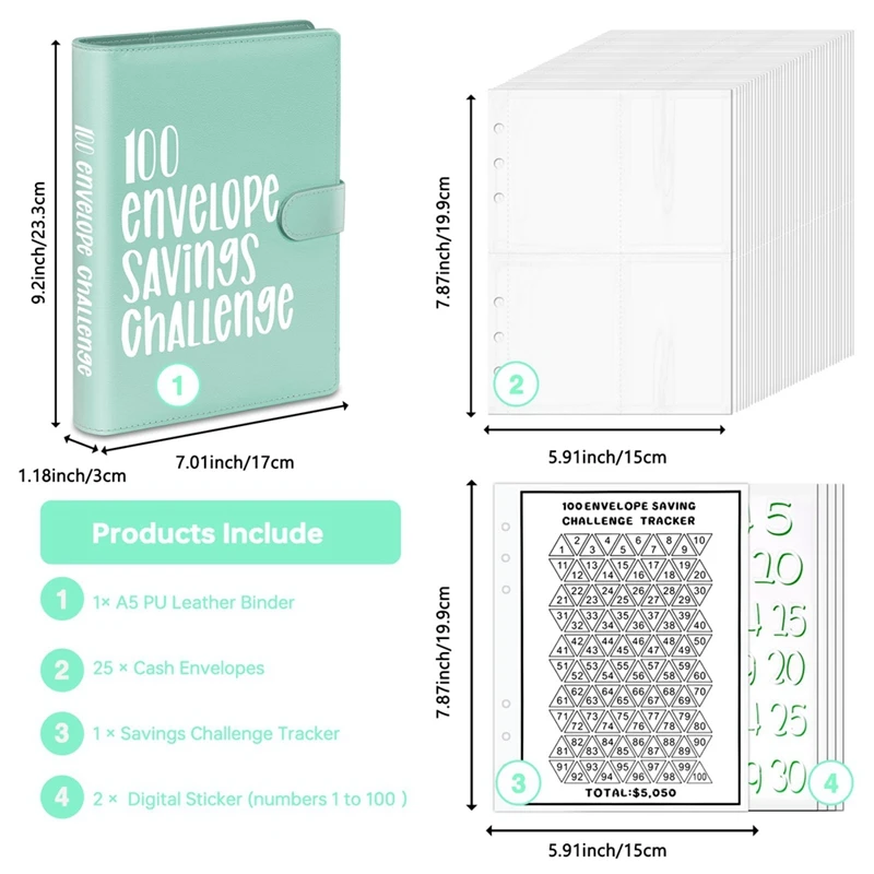مجلد تحدي 100 ظرف، كتاب تحدي توفير المال، مغلفات تحدي توفير المال، مجلد الميزانية، أخضر متين