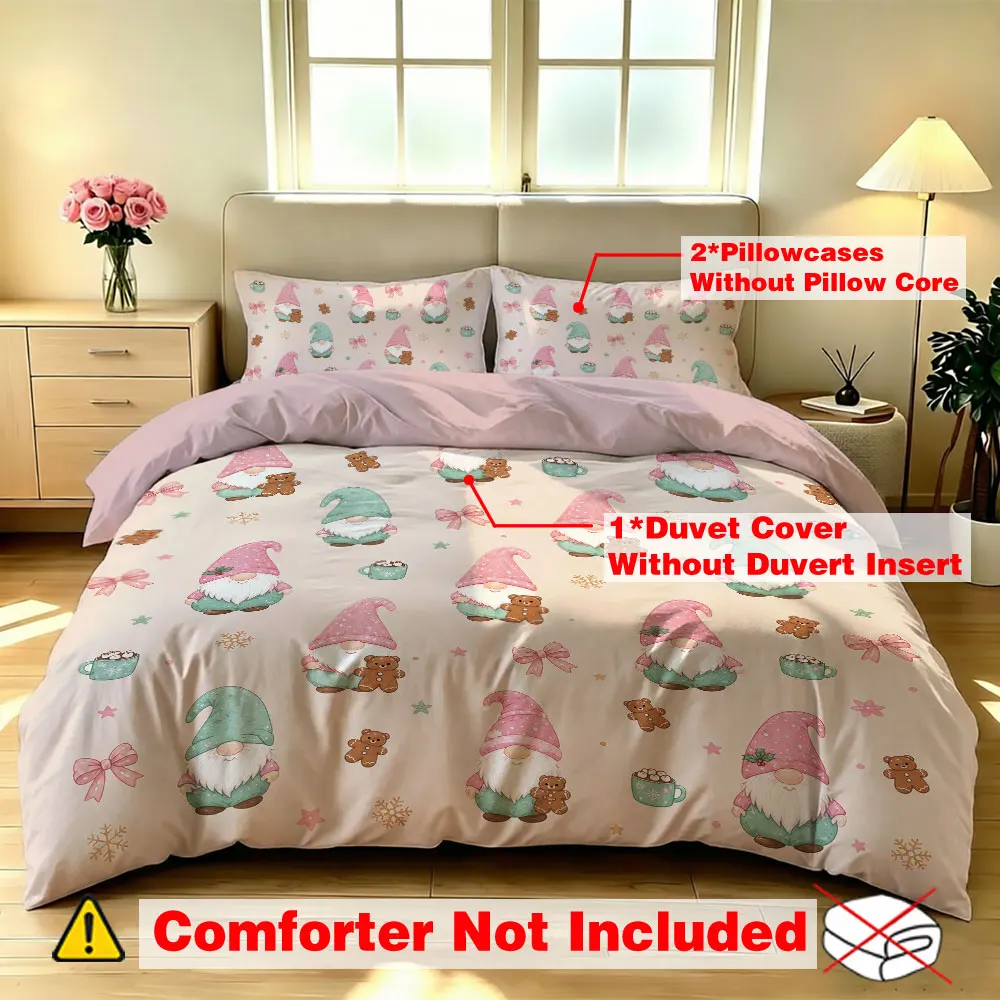 3pcs bedding sets features a pink and green little elf pattern and is decorated with cute designs It can be machine-washed an