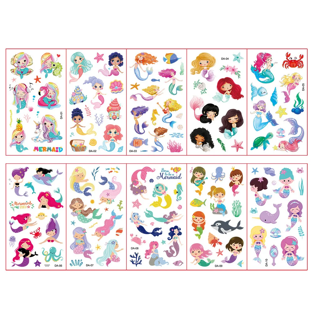 10 Pcs/Set Mermaid Tattoo Stickers for Children Temporary Tattoo Kids Face Body Arm Cute Tattoo Sticker