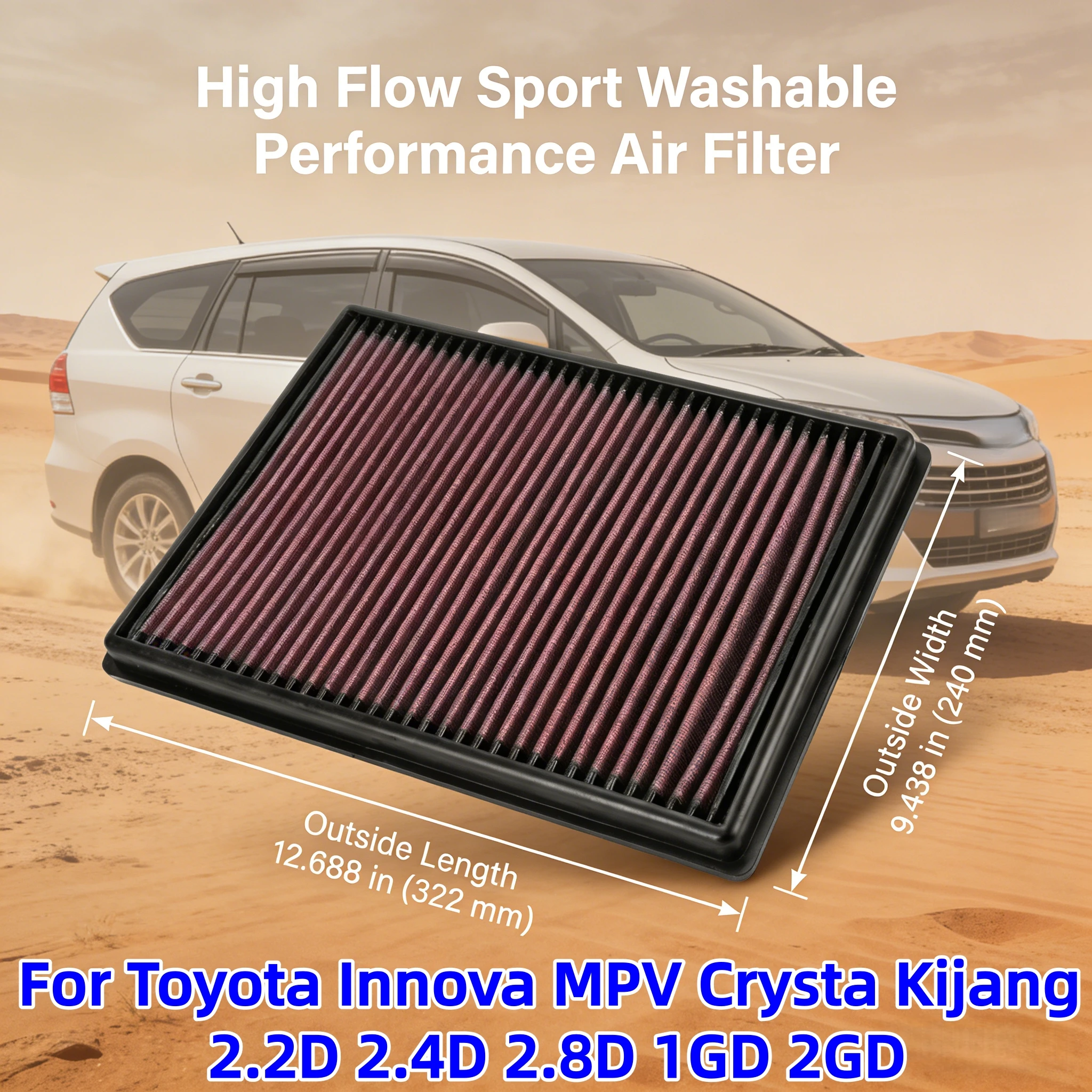 

For Toyota Innova MPV Crysta Kijang 2.2D 2.4D 2.8D 1GD 2GD High Flow Washable Performance Panel Air Filter Replacement 33-3045