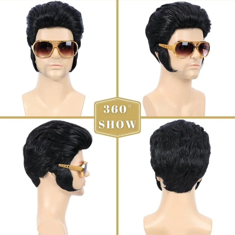 ชุดวิกผมร็อคยุค 50 จำนวน 4 ชิ้น พร้อมแว่นกันแดดและสร้อยคอ สำหรับนักร้องชาย ชุดคอสเพลย์วิกผมร็อคเกอร์ สำหรับงานปาร์ตี้ฮาโลวีน (ผู้ใหญ่)