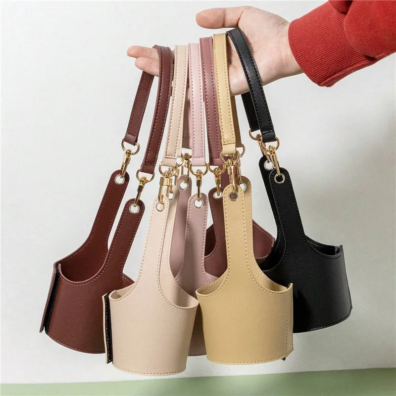 PU Leather Cup Cover Pouch Portable Water Bottle Sleeve Bag Leather Carrying Strap Insulating Cups Milk Tea Coffee Cups Accessor