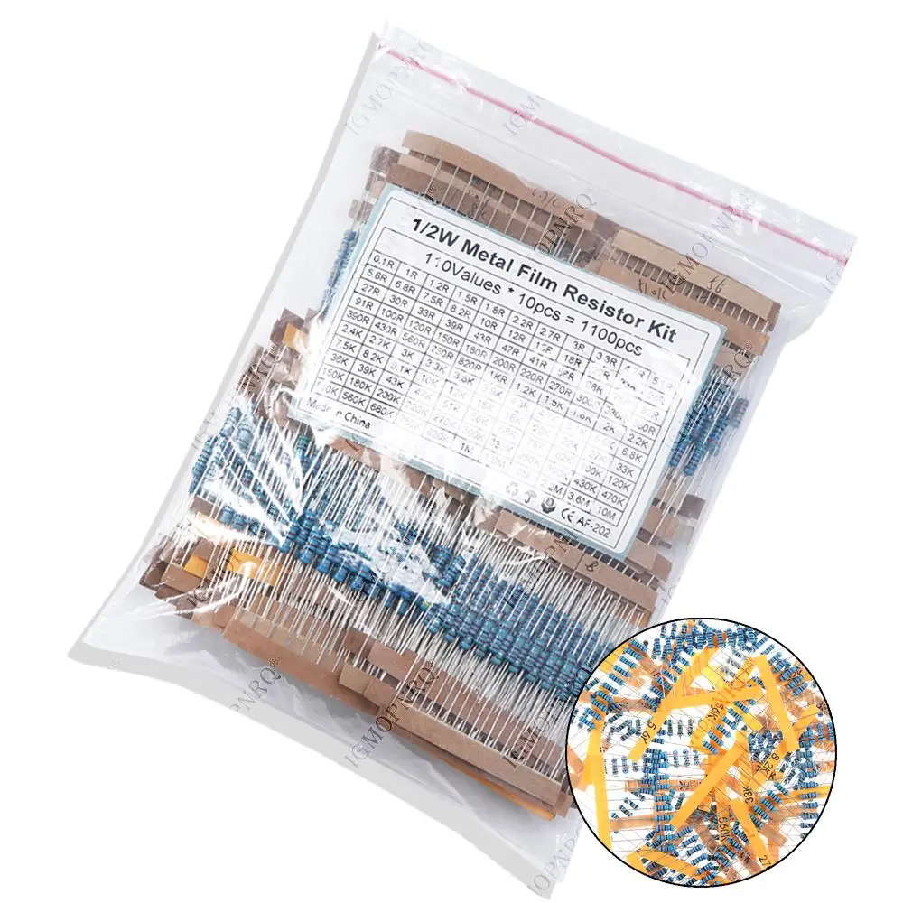 1100PCS 1/2W 1M Metal Film Resistor Assorted Kit 1R 2.2R 3.3R 4.7R 100R 100K 470K 10M 2M Ohms Resistors Set