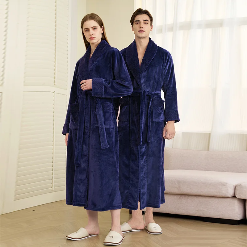 

Flannel Lovers' Sleepwear Lapel Winter Warm Robe Coral Fleece Kimono Bathrobe Gown With Belt Ultra Long Nightwear Loungewear